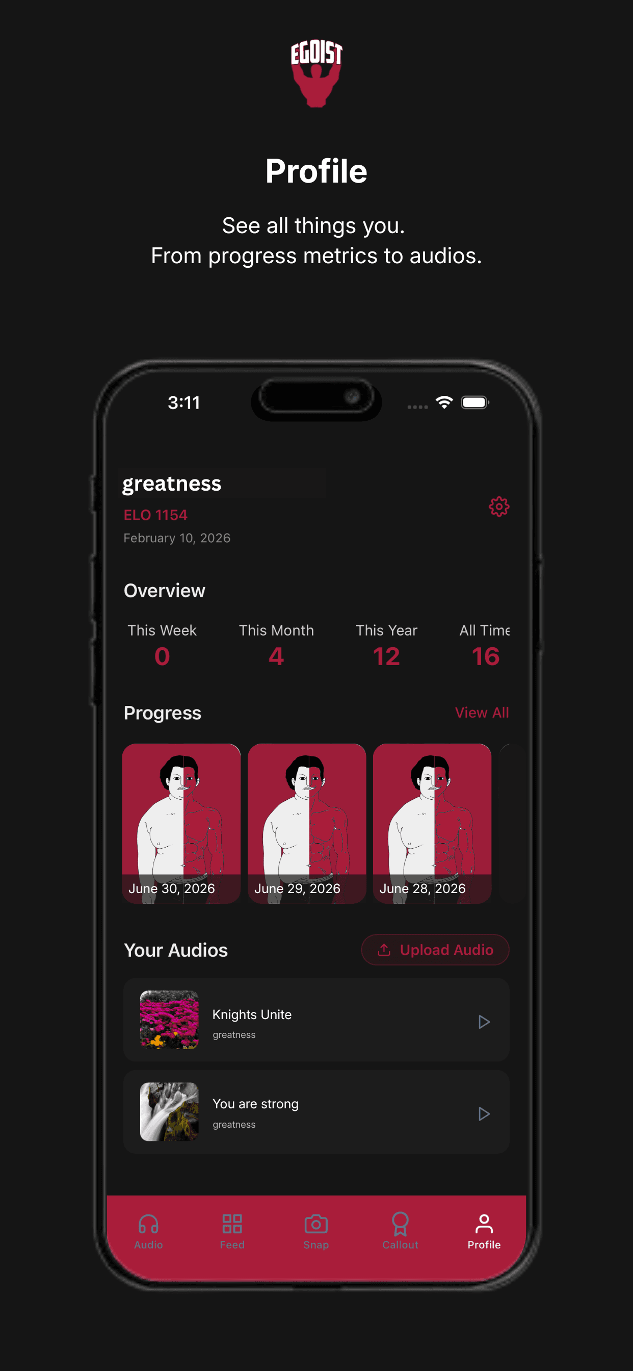 Profile — progress metrics and audios in one place